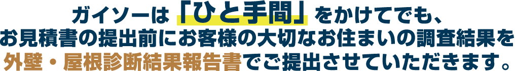 ガイソーは「ひと手間」をかけてでも、お見積書の提出前にお客様の大切なお住まいの調査結果を外壁・屋根診断結果報告書でご提出させていただきます。