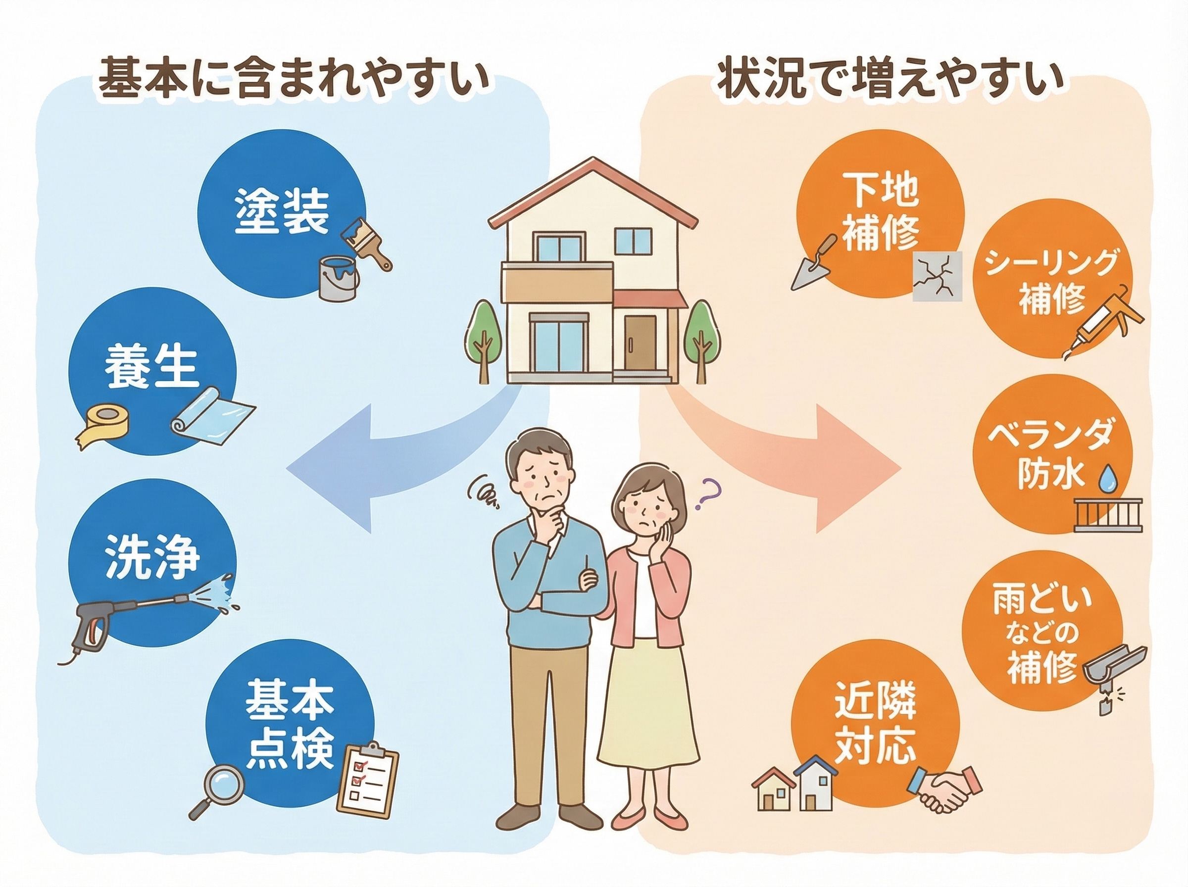 見積に含まれやすい項目と、状態によって追加になりやすい項目を左右に分けて整理した外装工事の図解